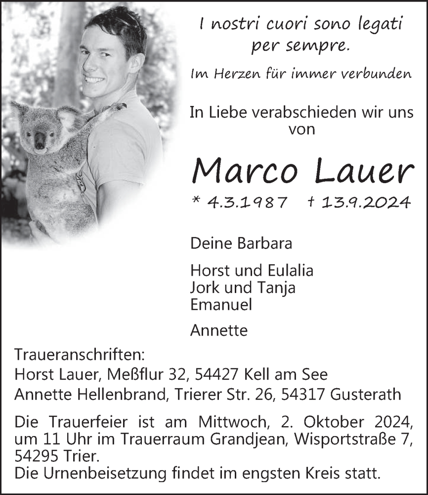  Traueranzeige für Marco Lauer vom 28.09.2024 aus trierischer_volksfreund