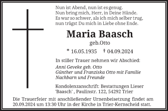 Traueranzeige von Maria Baasch von trierischer_volksfreund