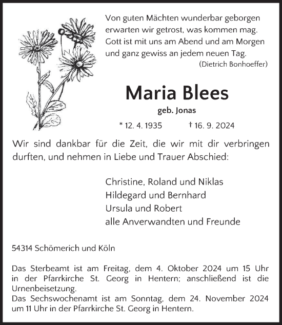 Traueranzeige von Maria Blees von trierischer_volksfreund