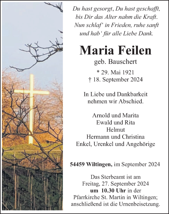 Traueranzeige von Maria Feilen von trierischer_volksfreund