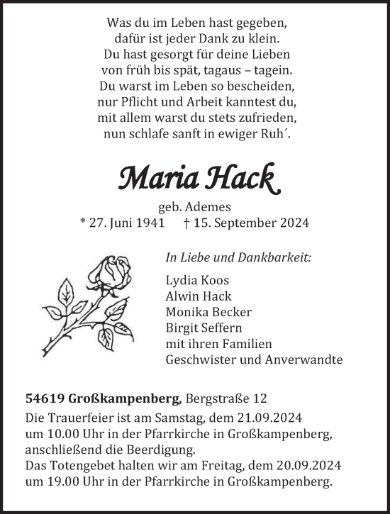 Traueranzeige von Maria Hack von trierischer_volksfreund