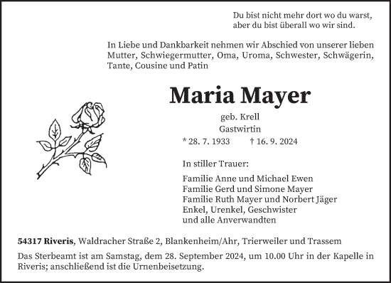 Traueranzeige von Maria Mayer von trierischer_volksfreund