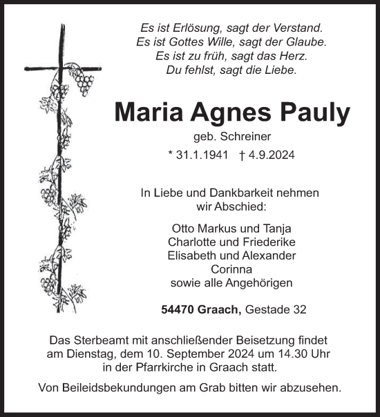 Traueranzeige von Maria Agnes Pauly von trierischer_volksfreund