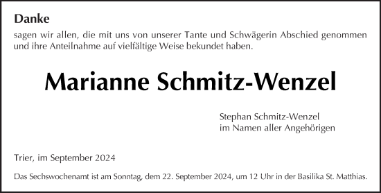 Traueranzeige von Marianne Schmitz-Wenzel von trierischer_volksfreund