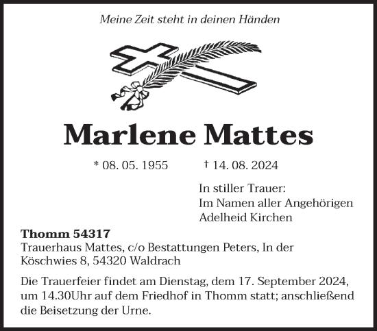 Traueranzeige von Marlene Mattes von trierischer_volksfreund