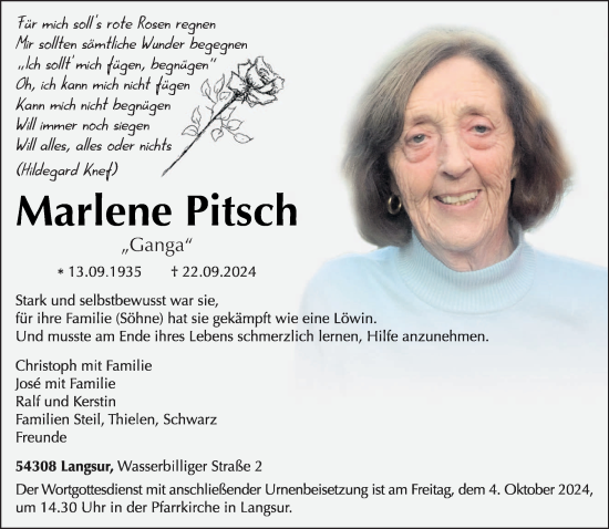 Traueranzeige von Marlene Pitsch von trierischer_volksfreund