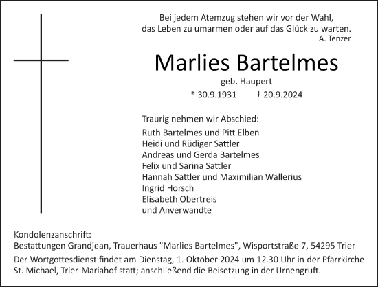 Traueranzeige von Marlies Bartelmes von trierischer_volksfreund