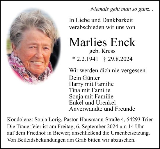 Traueranzeige von Marlies Enck von trierischer_volksfreund