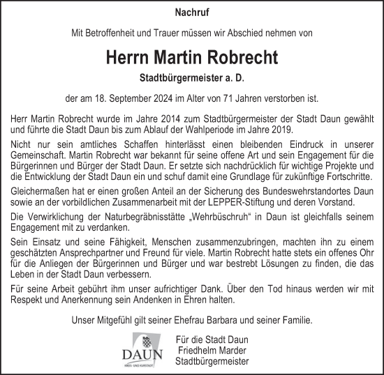 Traueranzeige von Martin Robrecht von trierischer_volksfreund