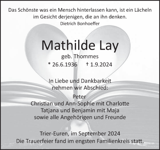 Traueranzeige von Mathilde Lay von trierischer_volksfreund