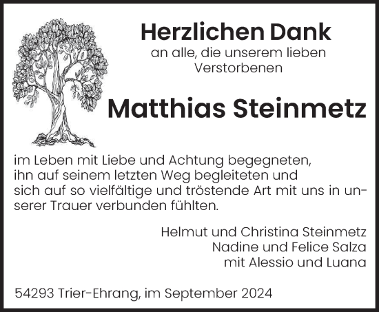 Traueranzeige von Matthias Steinmetz von trierischer_volksfreund