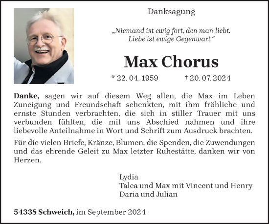 Traueranzeige von Max Chorus von trierischer_volksfreund