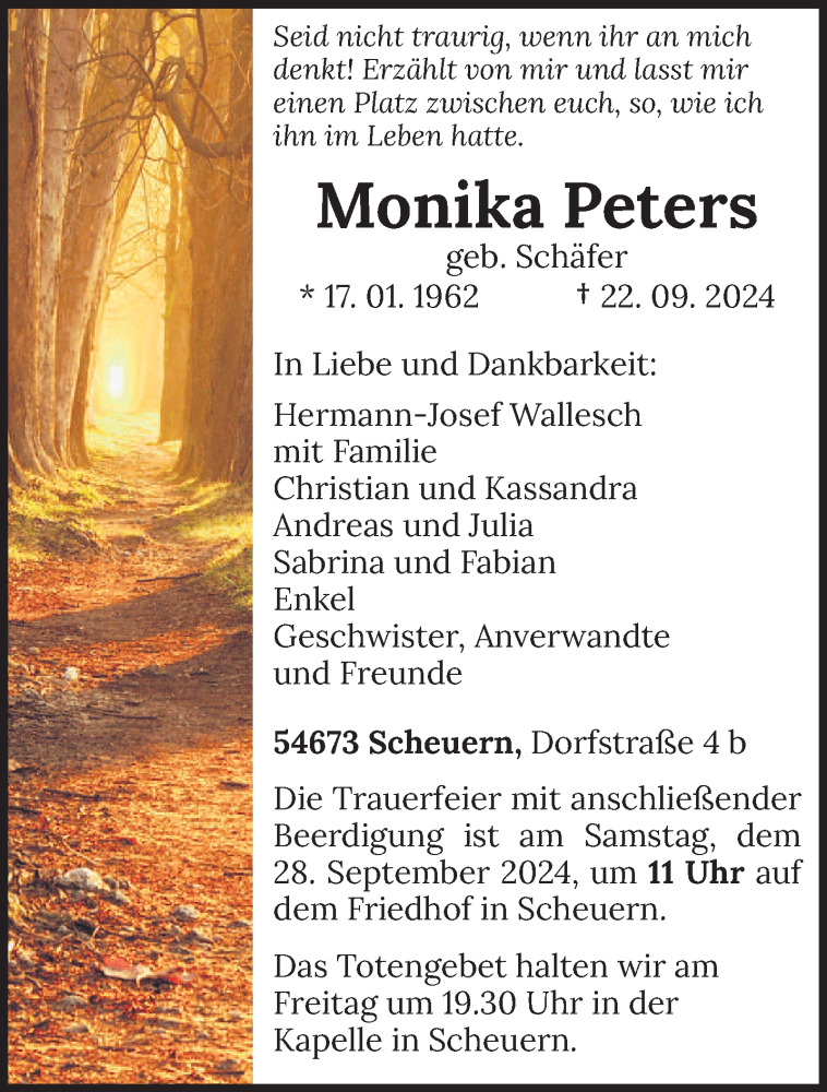  Traueranzeige für Monika Peters vom 25.09.2024 aus trierischer_volksfreund