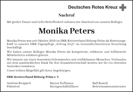 Traueranzeige von Monika Peters von trierischer_volksfreund