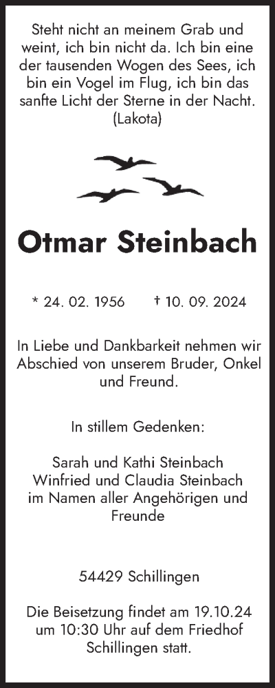 Traueranzeige von Otmar Steinbach von trierischer_volksfreund