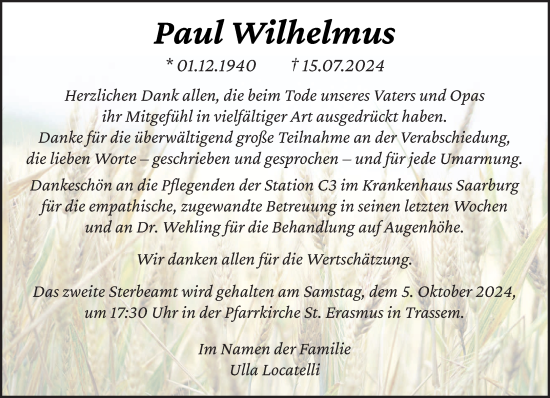 Traueranzeige von Paul Wilhelmus von trierischer_volksfreund