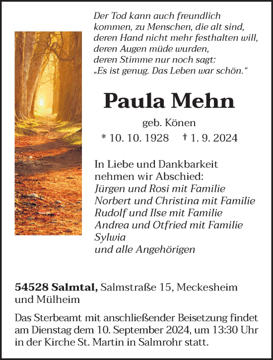 Traueranzeige von Paula Mehn von trierischer_volksfreund