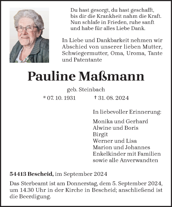 Traueranzeige von Pauline Maßmann von trierischer_volksfreund