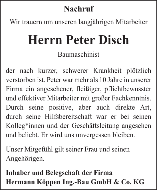 Traueranzeige von Peter Disch von trierischer_volksfreund