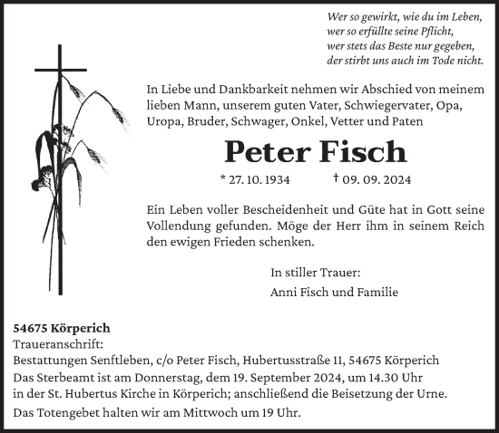 Traueranzeige von Peter Fisch von trierischer_volksfreund