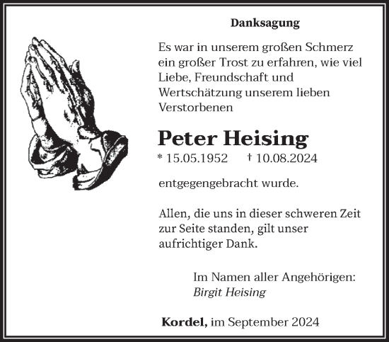 Traueranzeige von Peter Heising von trierischer_volksfreund