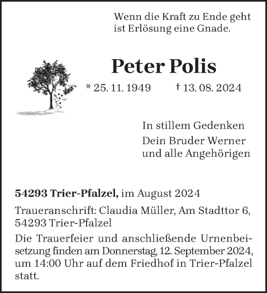 Traueranzeige von Peter Polis von trierischer_volksfreund