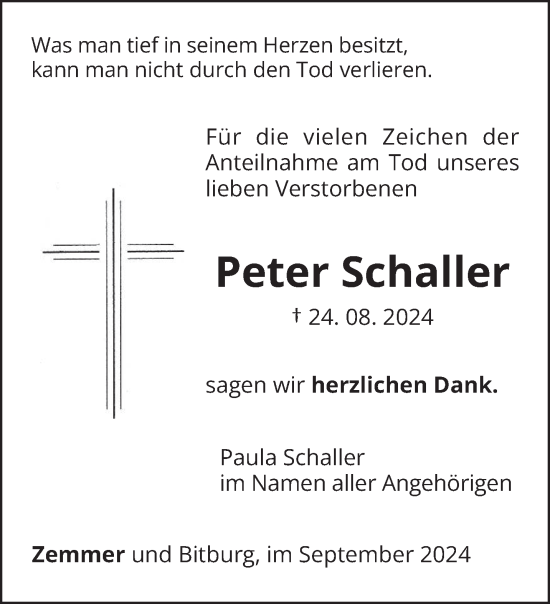 Traueranzeige von Peter Schaller von trierischer_volksfreund
