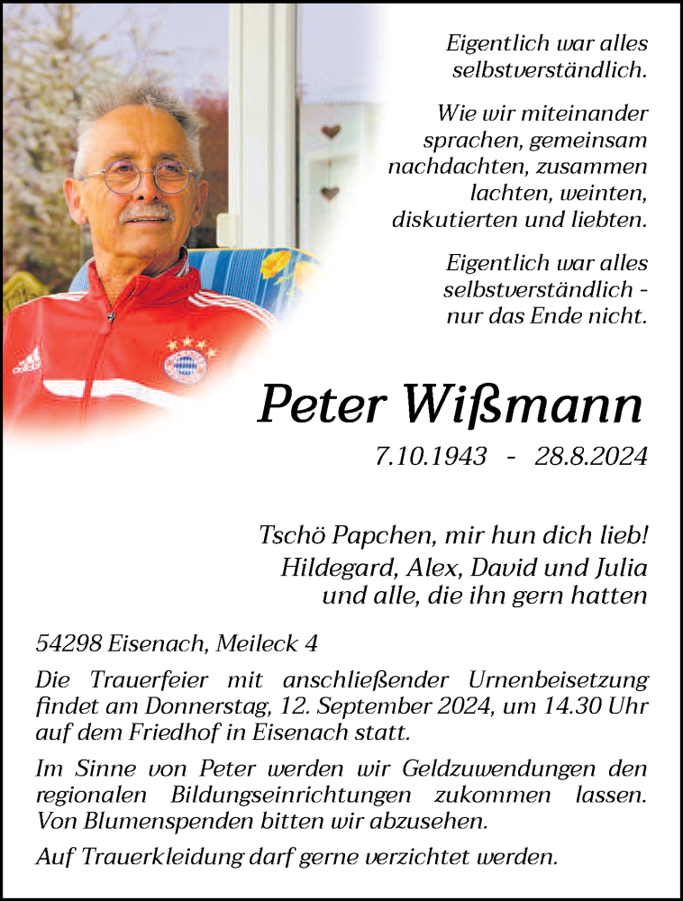  Traueranzeige für Peter Wißmann vom 07.09.2024 aus trierischer_volksfreund