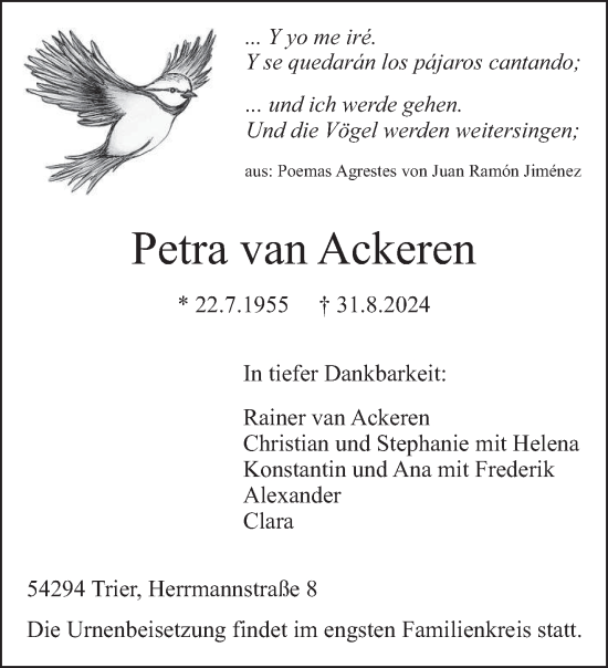 Traueranzeige von Petra van Ackeren von trierischer_volksfreund