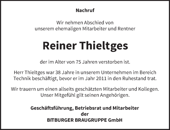 Traueranzeige von Reiner Thieltges von trierischer_volksfreund