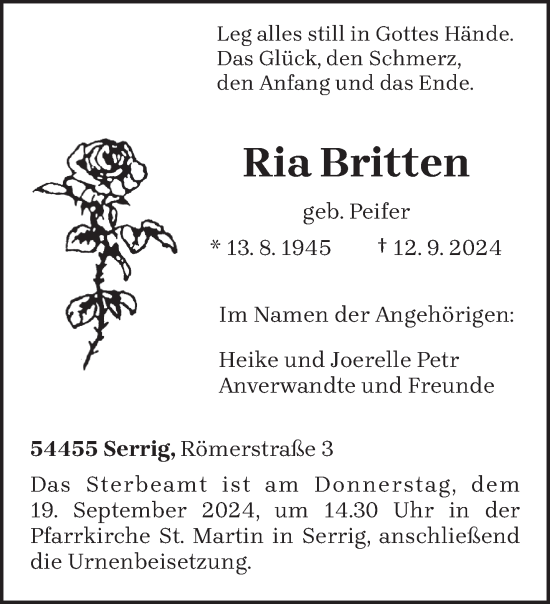 Traueranzeige von Ria Britten von trierischer_volksfreund