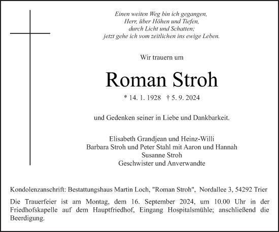 Traueranzeige von Roman Stroh von trierischer_volksfreund