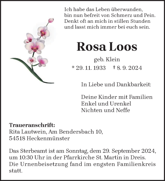 Traueranzeige von Rosa Loos von trierischer_volksfreund