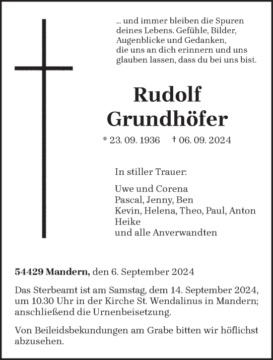 Traueranzeige von Rudolf Grundhöfer von trierischer_volksfreund