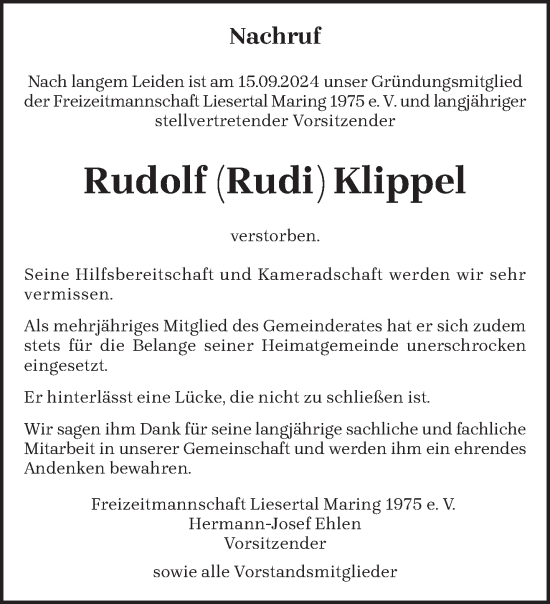 Traueranzeige von Rudolf Klippel von trierischer_volksfreund