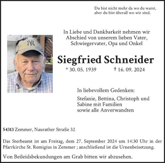 Traueranzeige von Siegfried Schneider von trierischer_volksfreund