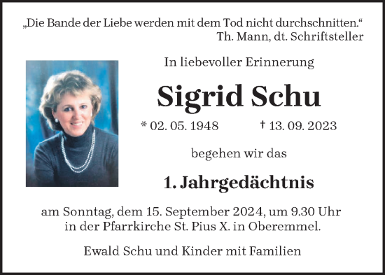 Traueranzeige von Sigrid Schu von trierischer_volksfreund