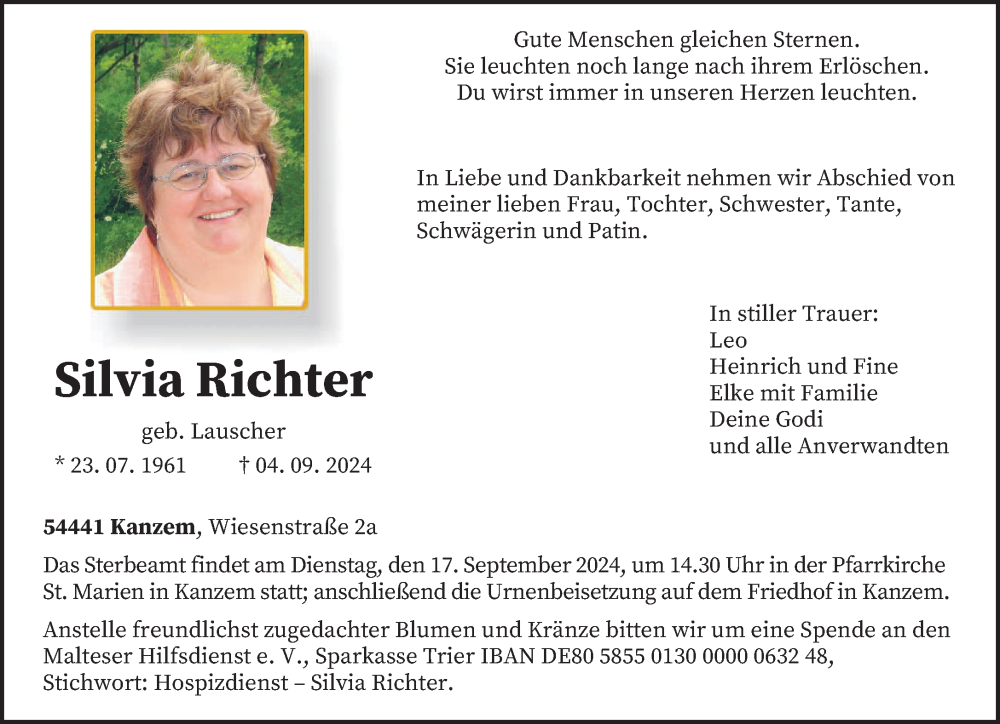  Traueranzeige für Silvia Richter vom 14.09.2024 aus trierischer_volksfreund