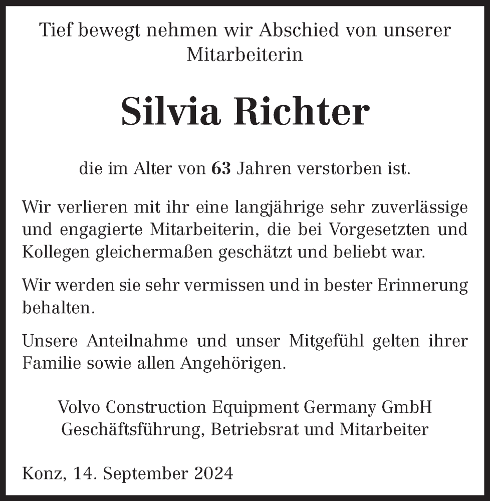  Traueranzeige für Silvia Richter vom 14.09.2024 aus trierischer_volksfreund