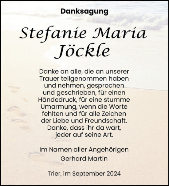 Traueranzeige von Stefanie Maria Jöckle von trierischer_volksfreund