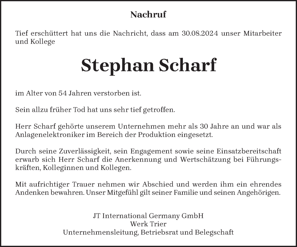  Traueranzeige für Stephan Scharf vom 14.09.2024 aus trierischer_volksfreund