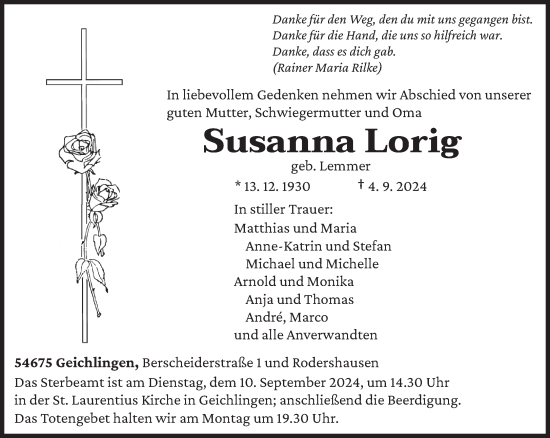 Traueranzeige von Susanna Lorig von trierischer_volksfreund