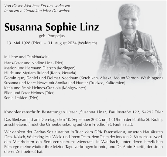 Traueranzeige von Susanna Sophie Linz von trierischer_volksfreund