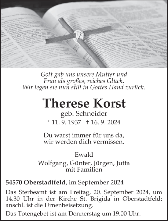 Traueranzeige von Therese Korst von trierischer_volksfreund