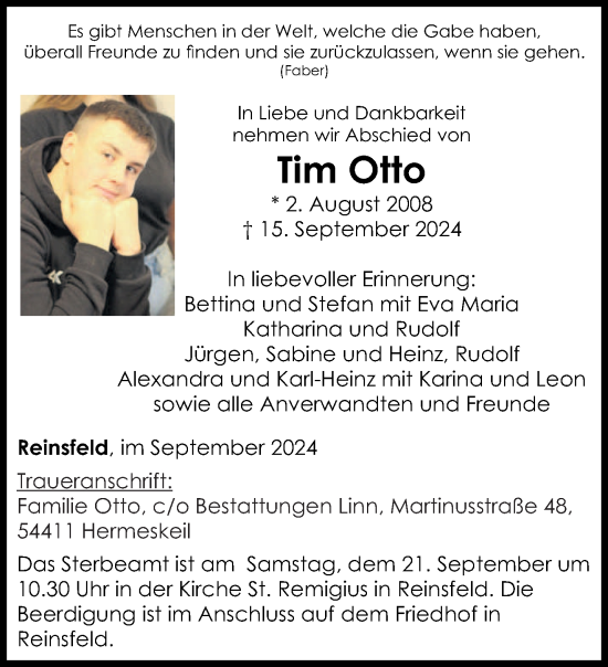 Traueranzeige von Tim Otto von trierischer_volksfreund