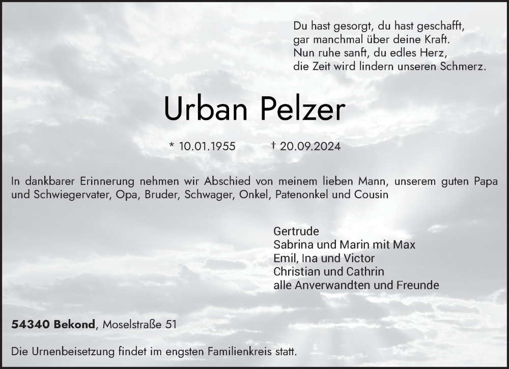  Traueranzeige für Urban Pelzer vom 28.09.2024 aus trierischer_volksfreund