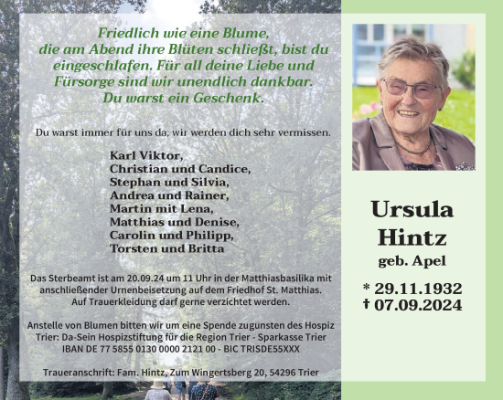 Traueranzeige von Ursula Hintz von trierischer_volksfreund