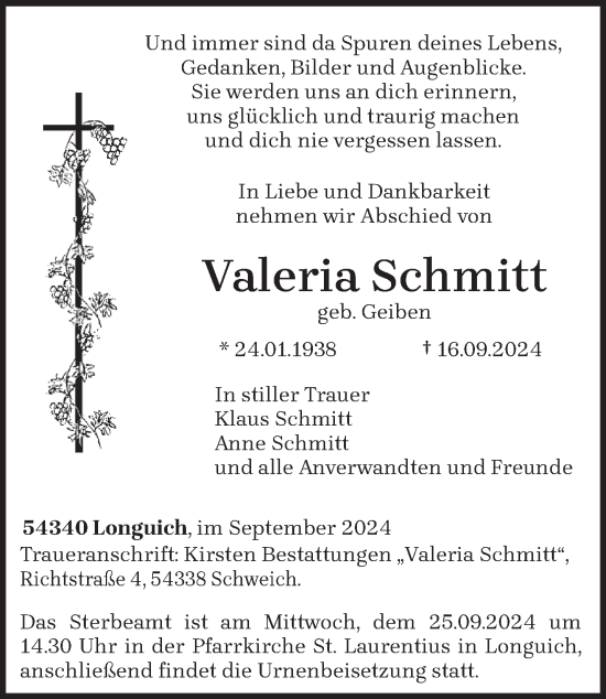 Traueranzeige von Valeria Schmitt von trierischer_volksfreund