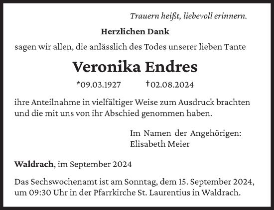 Traueranzeige von Veronika Endres von trierischer_volksfreund