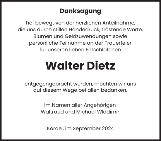 Traueranzeige von Walter Dietz von trierischer_volksfreund